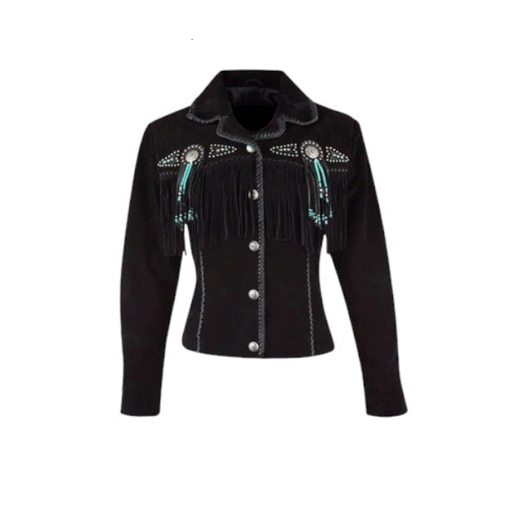 Black Suede Leather Fringe Beaded Jacket For Women WWJ550