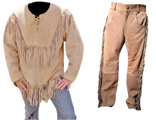 Western Beige Suede Leather Fringe Suits Shirt & Pant WSP112