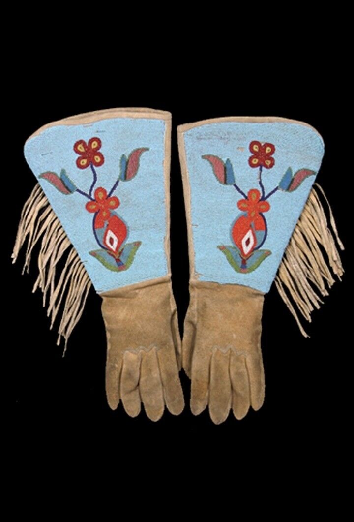 Old Native American Style Handmade Sioux Beaded Leather Gauntlet Gloves NGV15