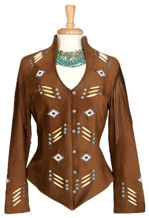 Cowgirl Brown Suede Leather Fringes Bone Beaded Jacket WWJ643