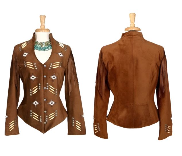 Cowgirl Brown Suede Leather Fringes Bone Beaded Jacket WWJ643