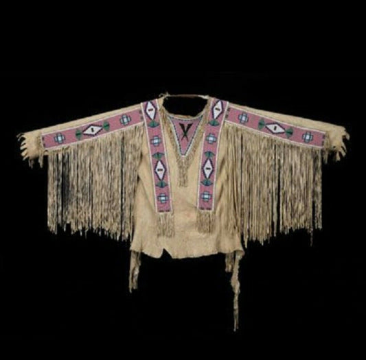 Old Native American Style Beige Buckskin Suede Beaded Powwow War Shirt PWNS150