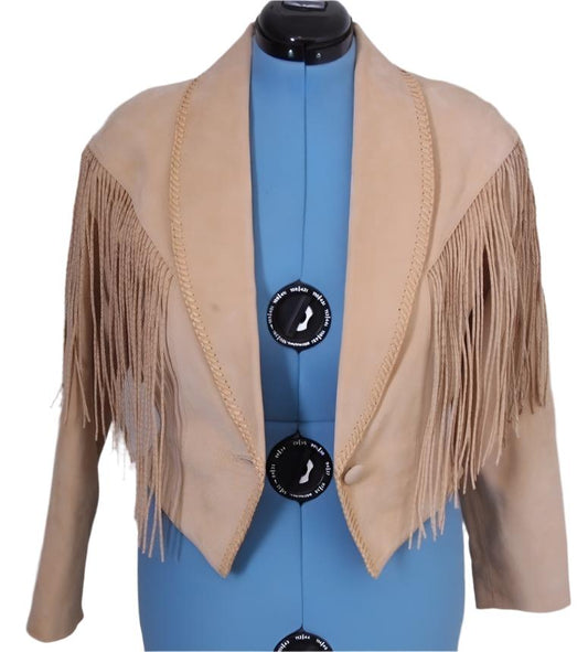 Western Beige Suede Leather Fringes Jacket For Women WWJ668