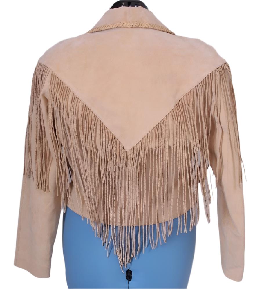 Western Beige Suede Leather Fringes Jacket For Women WWJ668