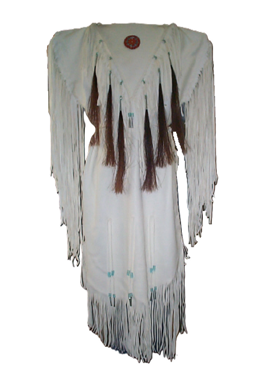 Native Women's White Leather Long Fringes Wedding Dress Powwow Regalia PWD101