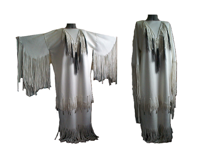 Native Women's White Leather Long Fringes Wedding Dress Powwow Regalia PWD105