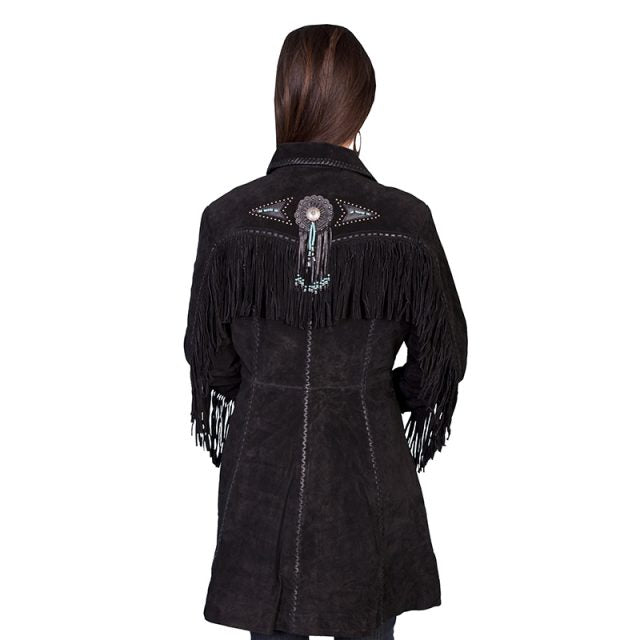 Cowgirl's Black Suede Leather Fringe & Concho Long Jacket WWJ714