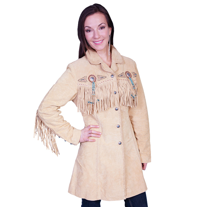 Cowgirl Beige Suede Leather Fringes Jacket Coat WWJ720