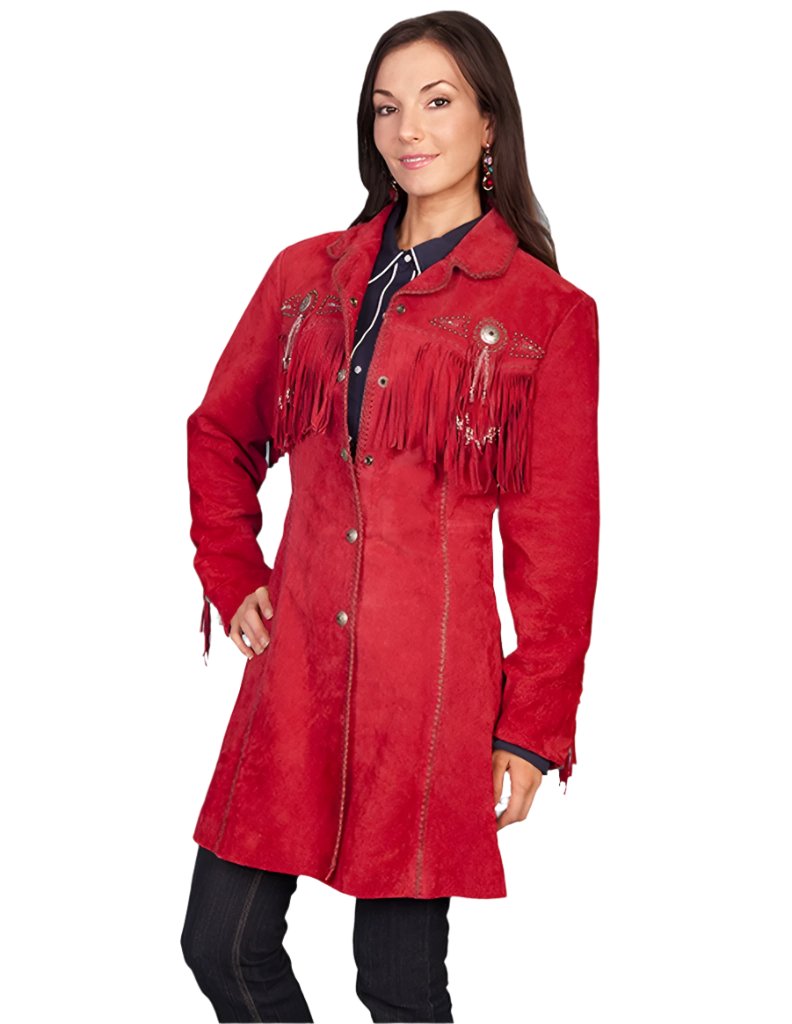 Western Cowgirl Red Suede Leather Fringe Jacket Coat WWJ596