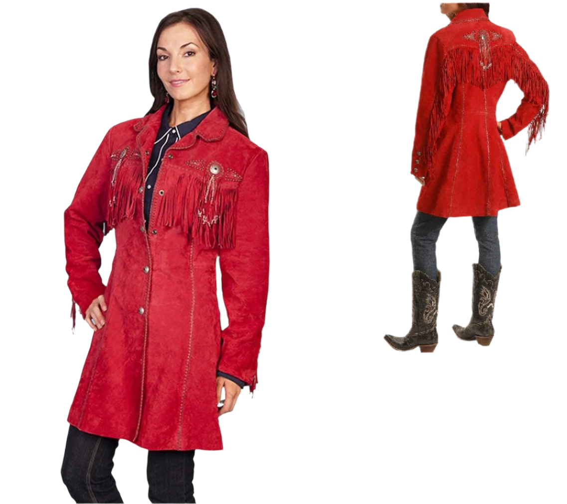 Western Cowgirl Red Suede Leather Fringe Jacket Coat WWJ596