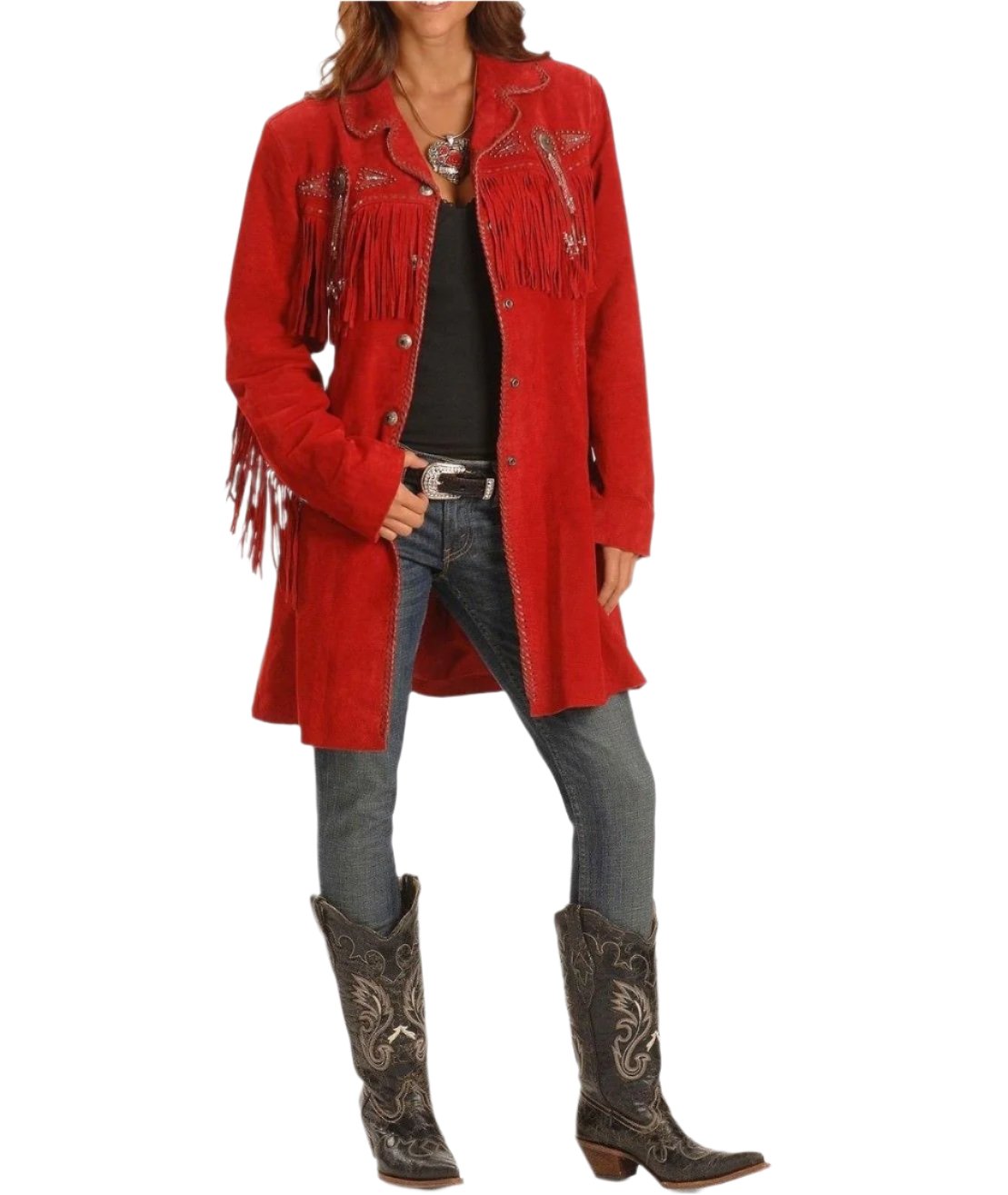 Western Cowgirl Red Suede Leather Fringe Jacket Coat WWJ596