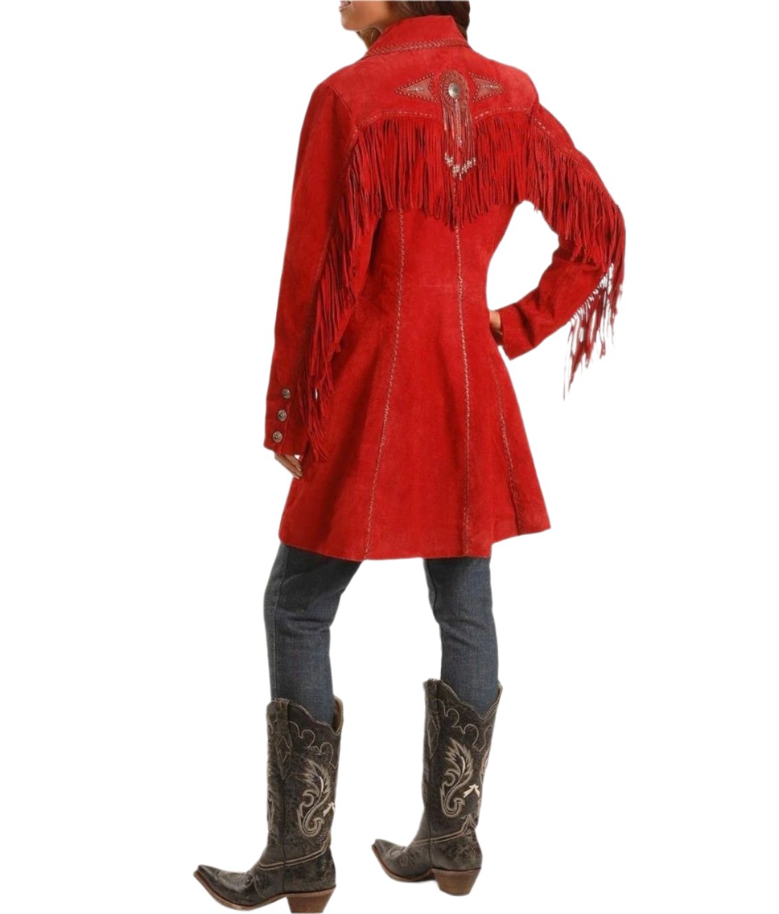 Western Cowgirl Red Suede Leather Fringe Jacket Coat WWJ596