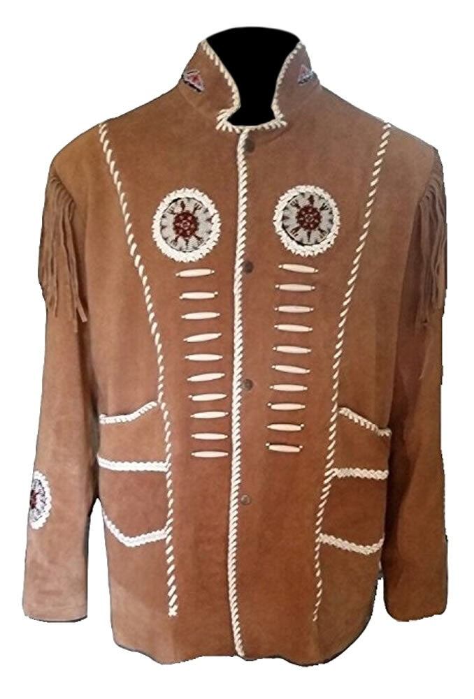 Men's Western Brown Buckskin Suede Leather Beaded Fringes Jacket MWJ15