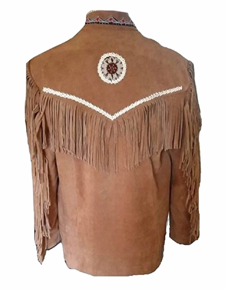 Men's Western Brown Buckskin Suede Leather Beaded Fringes Jacket MWJ15