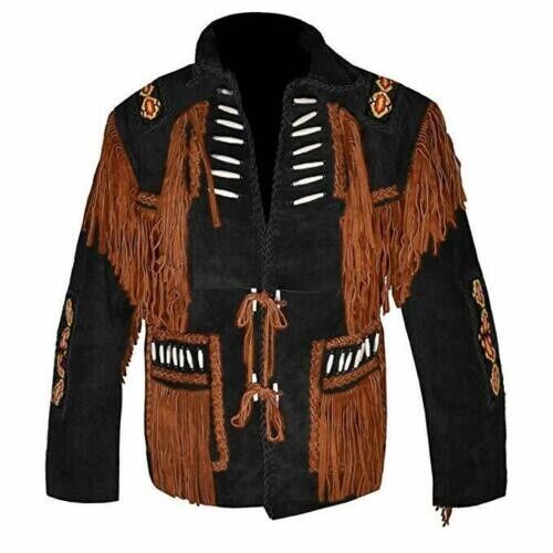 Men's Western Black Suede Leather Fringe Bones Beaded Jacket MW861