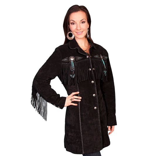 Cowgirl's Black Suede Leather Fringe & Concho Long Jacket WWJ714