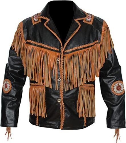 Men's Western Black Leather Fringe Beaded Jacket MW862