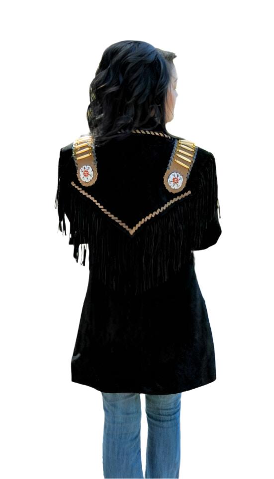 Cowgirl Black Suede Leather Fringes Beaded Jacket WWJ755