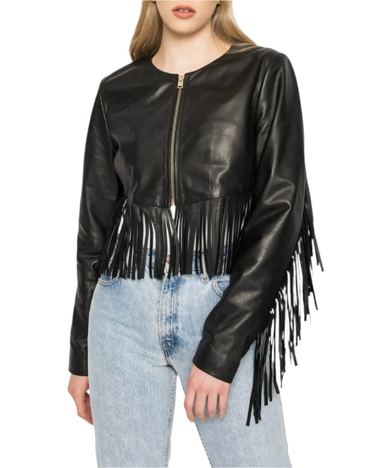 Cowgirl Black Leather Fringe Biker Jacket WWJ757