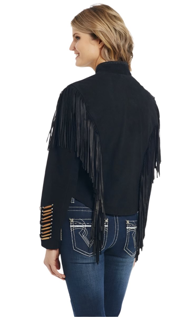 Cowgirl's Black Suede Leather Fringes Bone Jacket Warrior Style WWJ754