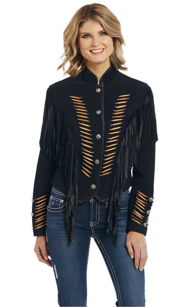 Cowgirl's Black Suede Leather Fringes Bone Jacket Warrior Style WWJ754