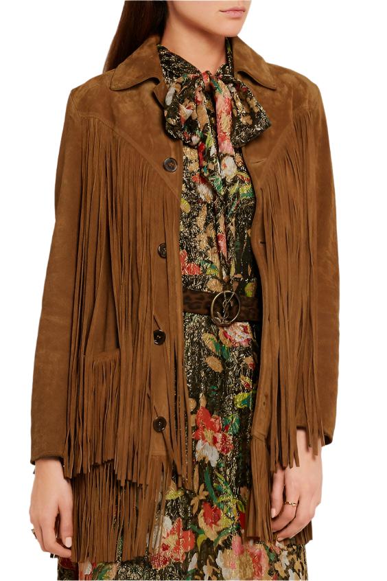 Brown Suede Leather Long Fringe Jacket For Women WWJ645