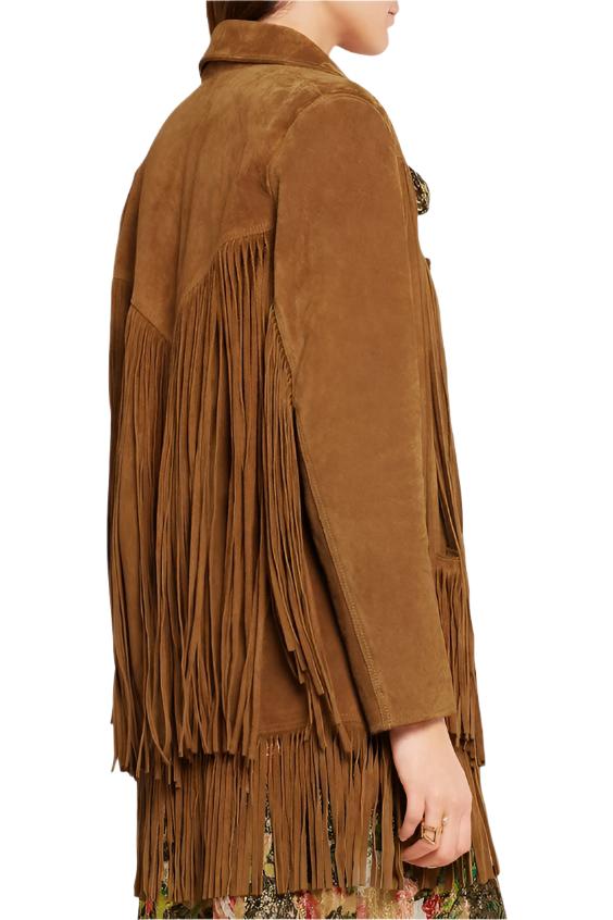 Brown Suede Leather Long Fringe Jacket For Women WWJ645