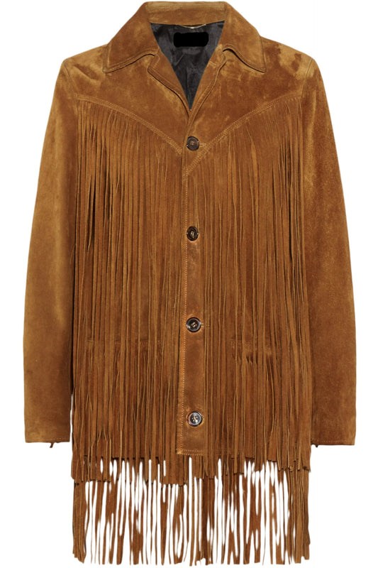 Brown Suede Leather Long Fringe Jacket For Women WWJ645