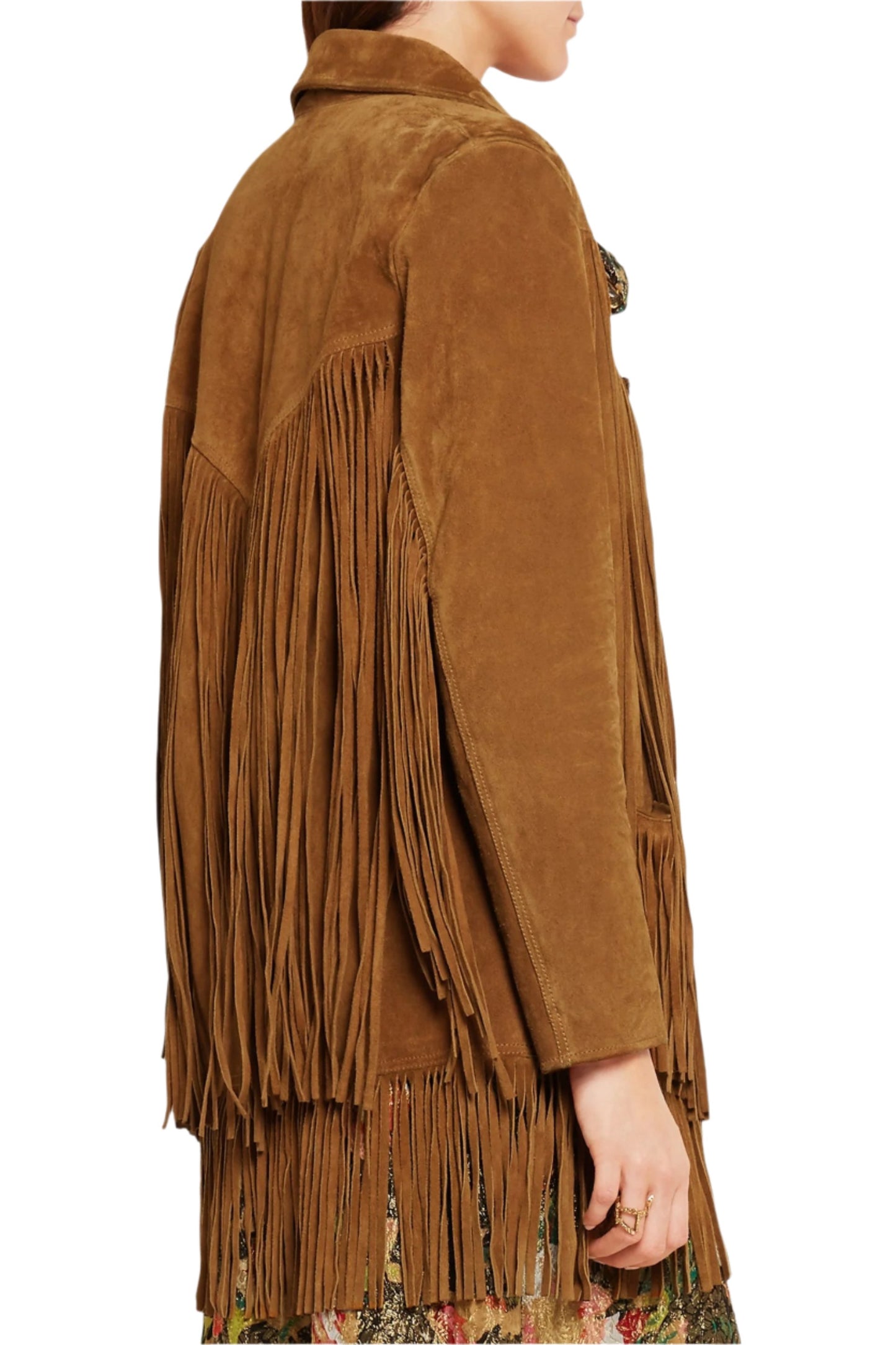 Brown Suede Leather Long Fringe Jacket For Women WWJ645