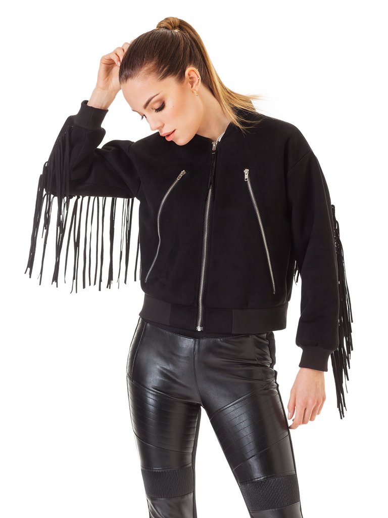 Black Suede Leather Fringes Jacket For Women WWJ544