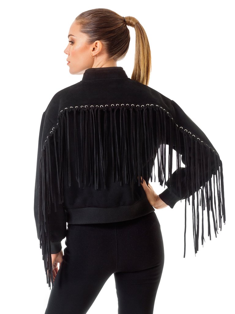 Black Suede Leather Fringes Jacket For Women WWJ544