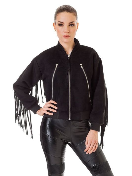 Black Suede Leather Fringes Jacket For Women WWJ544