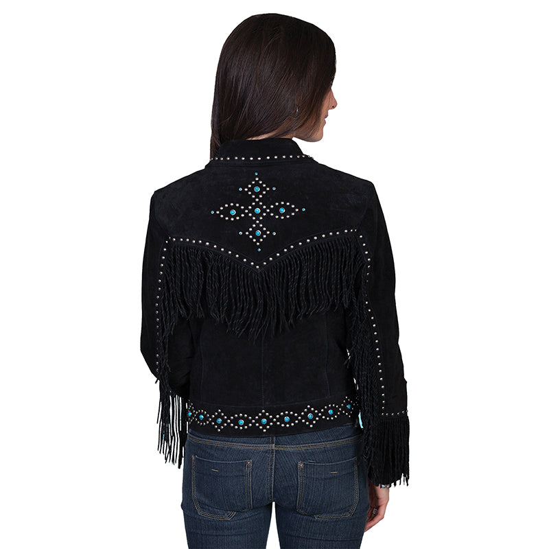 Black Suede Leather Fringe Bead Studded Jacket For Women WWJ517