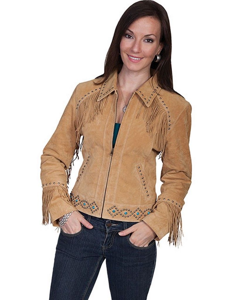 Black Suede Leather Fringe Bead Studded Jacket For Women WWJ517