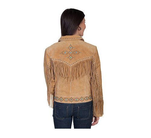 Black Suede Leather Fringe Bead Studded Jacket For Women WWJ517