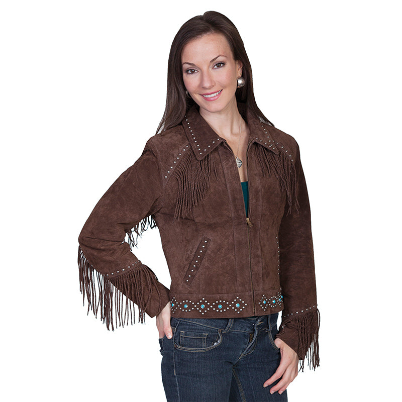 Black Suede Leather Fringe Bead Studded Jacket For Women WWJ517