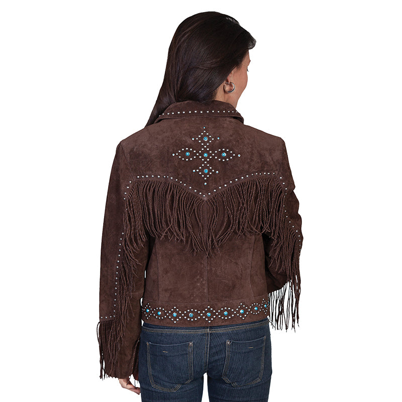 Black Suede Leather Fringe Bead Studded Jacket For Women WWJ517
