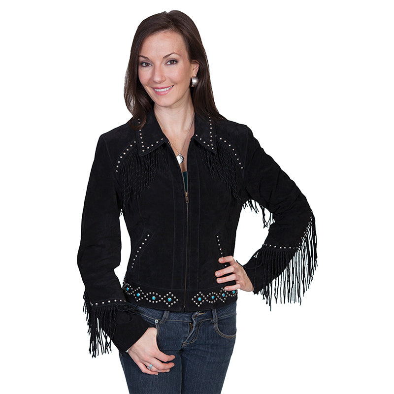 Black Suede Leather Fringe Bead Studded Jacket For Women WWJ517