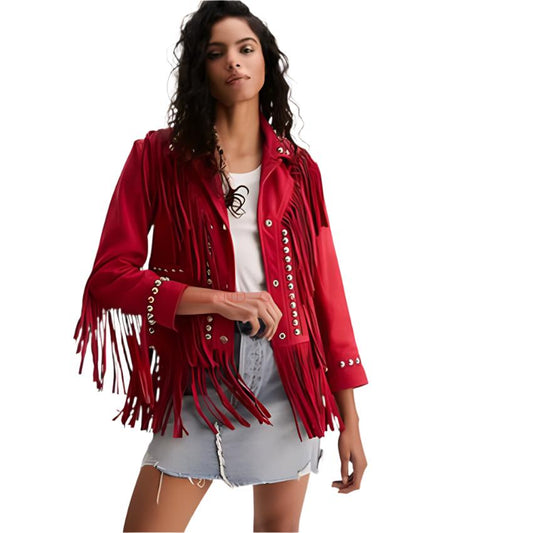 Cowgirl Red Leather Fringe Silver Stud Jacket WWJ783