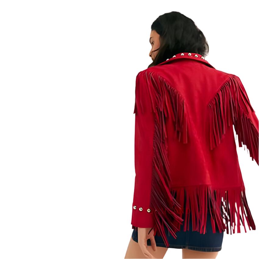 Cowgirl Red Leather Fringe Silver Stud Jacket WWJ783