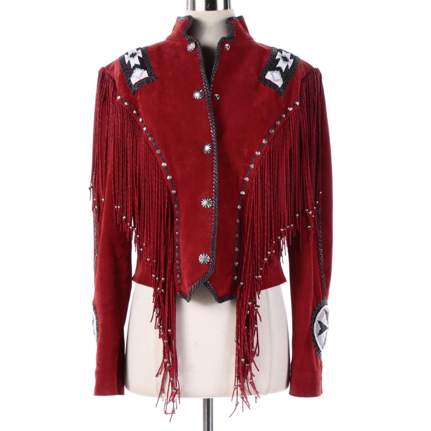 Western Red Suede Leather Fringe Beaded Jacket WWJ589