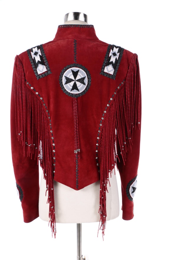 Western Red Suede Leather Fringe Beaded Jacket WWJ589