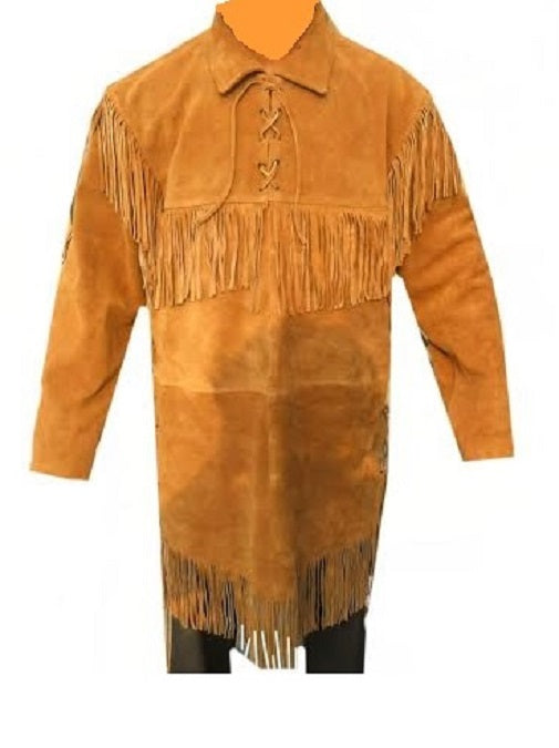 Men's Western Brown Buckskin Suede Hide Mountain Man Fringes Pullover Shirt MMS172