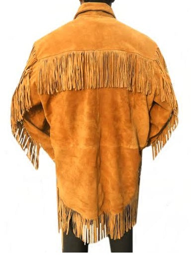 Men's Western Brown Buckskin Suede Hide Mountain Man Fringes Pullover Shirt MMS172