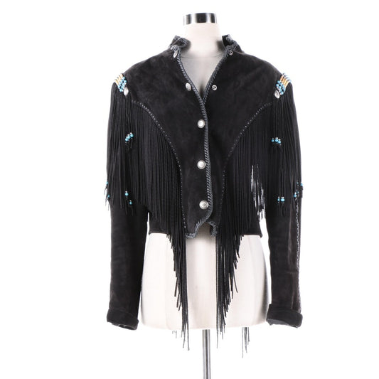 Black Suede Leather Twisted Fringe Jacket For Women WWJ545