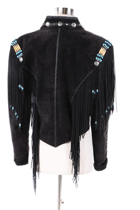 Black Suede Leather Twisted Fringe Jacket For Women WWJ545