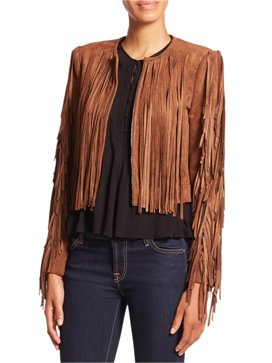 Brown Suede Leather Long Fringe Jacket For Women WWJ648