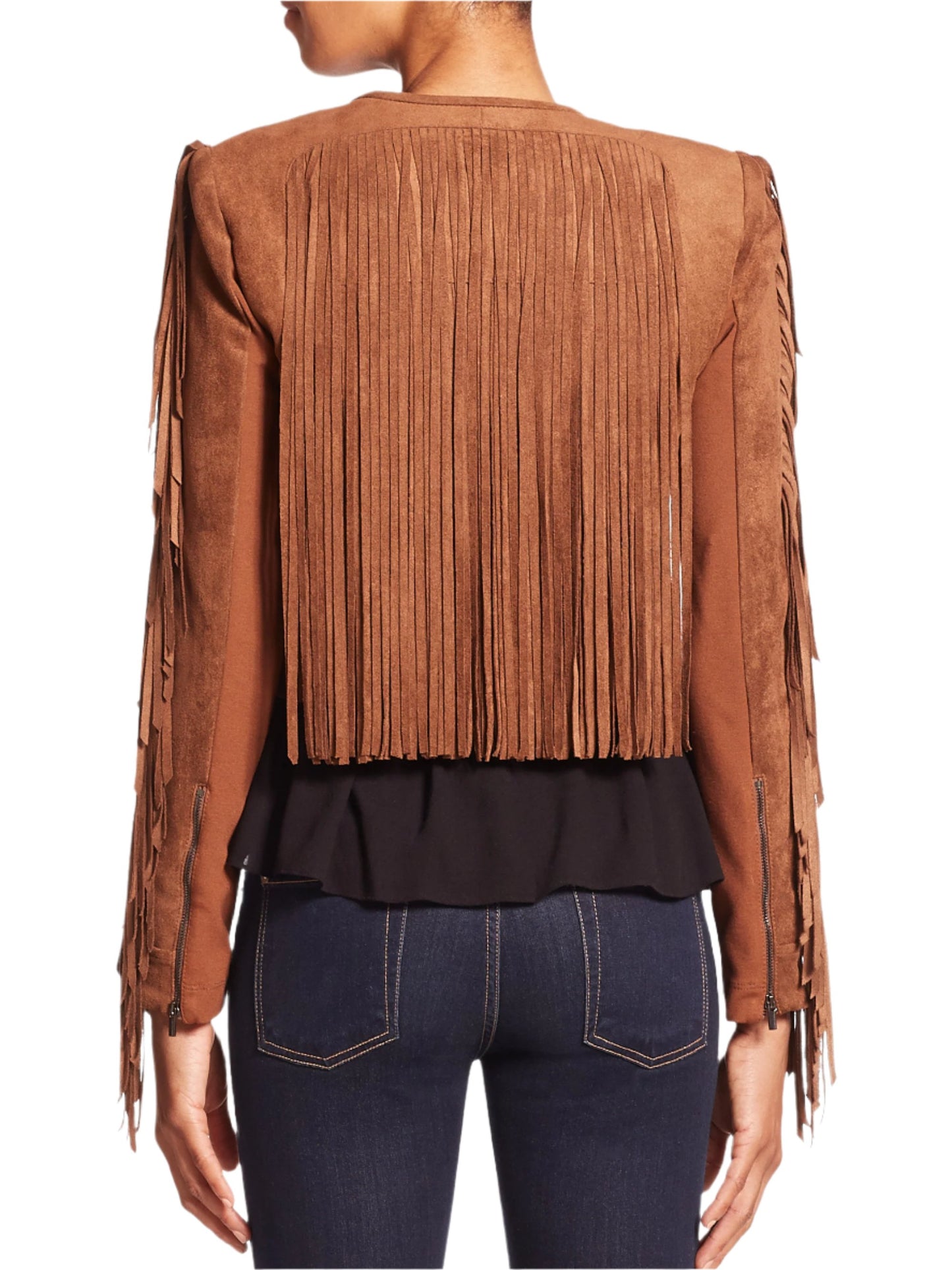 Brown Suede Leather Long Fringe Jacket For Women WWJ648