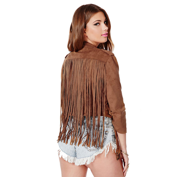 Cowgirl Brown Suede Leather Long Fringes Biker Jacket WWJ617