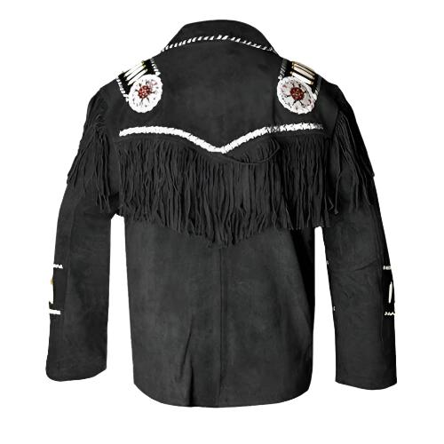 Men's Western Black Suede Leather Fringe Beaded Jacket MW877